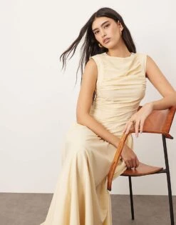 ARRANGE Poplin Ruched Detail Drop Waist Midi Dress In Buttermilk For Women -ARANG Clothing Shop 207138450 2