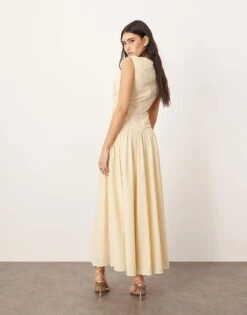 ARRANGE Poplin Ruched Detail Drop Waist Midi Dress In Buttermilk For Women -ARANG Clothing Shop 207138450 4