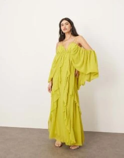 ARRANGE Cold Shoulder Ruffle Full Midi Dress In Lime Green For Women -ARANG Clothing Shop 207138477 1 limegreen 1