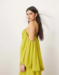 ARRANGE Cold Shoulder Ruffle Full Midi Dress In Lime Green For Women -ARANG Clothing Shop 207138477 4