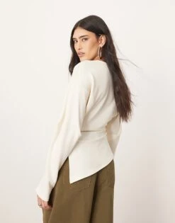 ARRANGE Jersey Asymmetric Detail Long Sleeve Top In Ivory For Women -ARANG Clothing Shop 207138970 3