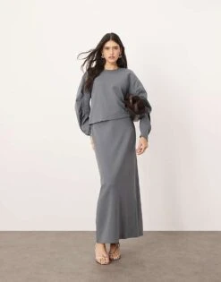 ARRANGE Premium Boxy Top With Pleat Sleeve Detail With Heavy Weight Textured Jersey Column Maxi Skirt Co-ord In Charcoal