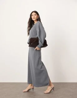 ARRANGE Premium Boxy Top With Pleat Sleeve Detail With Heavy Weight Textured Jersey Column Maxi Skirt Co-ord In Charcoal -ARANG Clothing Shop 207166148 1 charcoal 1