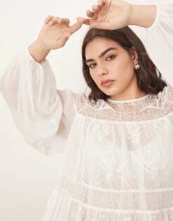 ARRANGE Curve Lace Detail Blouson Sleeve Top With Drawstring Detail In White For Women -ARANG Clothing Shop 207166155 4