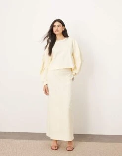 ARRANGE Textured Jersey Boxy Top And Maxi Skirt Co-ord With Pleat Sleeve Detail In Buttermilk