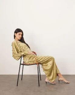 ARRANGE Embellished Ball Bearing Strong Shoulder Open Back Maxi Dress In Green For Women -ARANG Clothing Shop 207166217 1 green 1