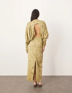 ARRANGE Embellished Ball Bearing Strong Shoulder Open Back Maxi Dress In Green For Women -ARANG Clothing Shop 207166217 2