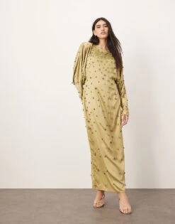 ARRANGE Embellished Ball Bearing Strong Shoulder Open Back Maxi Dress In Green For Women -ARANG Clothing Shop 207166217 4