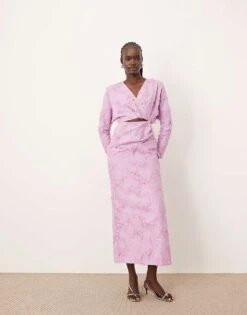 ARRANGE Textured Long Sleeve Cut Out Maxi Dress In Light Pink For Women