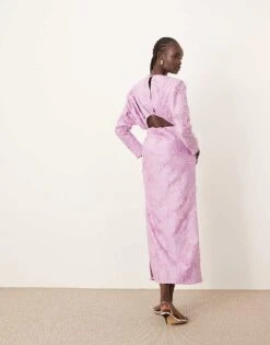 ARRANGE Textured Long Sleeve Cut Out Maxi Dress In Light Pink For Women -ARANG Clothing Shop 207199507 4