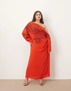 ARRANGE Curve Linear Embroidered Floral Slouchy Shoulder Drape Midi Dress In Red For Women -ARANG Clothing Shop 207199547 1 red 1