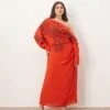 ARRANGE Curve Linear Embroidered Floral Slouchy Shoulder Drape Midi Dress In Red For Women -ARANG Clothing Shop 207199547 1 red