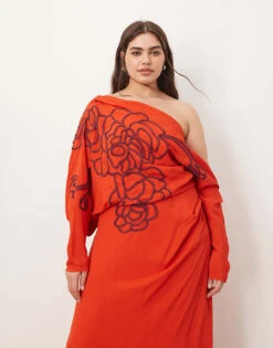ARRANGE Curve Linear Embroidered Floral Slouchy Shoulder Drape Midi Dress In Red For Women -ARANG Clothing Shop 207199547 3