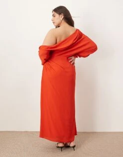 ARRANGE Curve Linear Embroidered Floral Slouchy Shoulder Drape Midi Dress In Red For Women -ARANG Clothing Shop 207199547 4