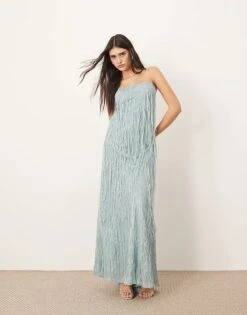 ARRANGE Satin Fringe Bias Maxi Dress In Light Blue For Women -ARANG Clothing Shop 207199557 1 lightblue 1