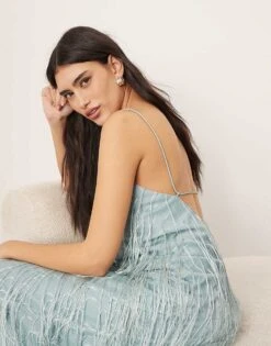 ARRANGE Satin Fringe Bias Maxi Dress In Light Blue For Women -ARANG Clothing Shop 207199557 2