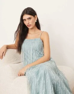 ARRANGE Satin Fringe Bias Maxi Dress In Light Blue For Women -ARANG Clothing Shop 207199557 3