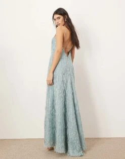 ARRANGE Satin Fringe Bias Maxi Dress In Light Blue For Women -ARANG Clothing Shop 207199557 4