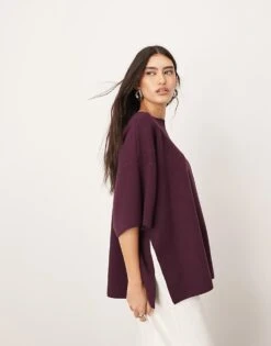 ARRANGE Premium Compact Knitted Oversized T-shirt In Burgundy For Women -ARANG Clothing Shop 207199618 1 burgundy 1