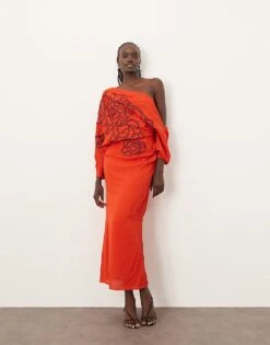 ARRANGE Linear Embroidered Floral Slouchy Shoulder Drape Midi Dress In Red For Women -ARANG Clothing Shop 207199637 1 red 1