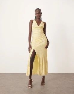 ARRANGE Embellished Crystal Drape Maxi Dress With Twist Detail In Lemon For Women -ARANG Clothing Shop 207199648 1 lemon 1