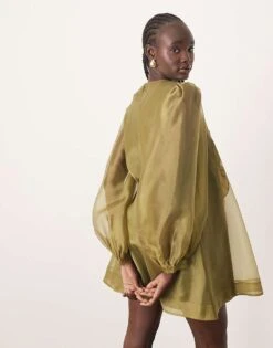 ARRANGE Applique Floral Volume Sleeve A-line Mini Dress In Green For Women -ARANG Clothing Shop 207228320 3