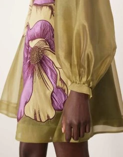 ARRANGE Applique Floral Volume Sleeve A-line Mini Dress In Green For Women -ARANG Clothing Shop 207228320 4