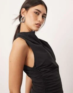 ARRANGE Drop Waist Ruched Detail Funnel Neck Maxi Dress In Black For Women -ARANG Clothing Shop 207250336 3