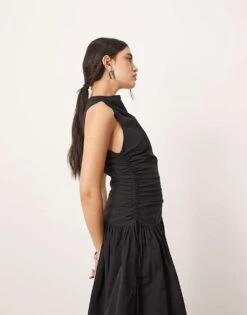 ARRANGE Drop Waist Ruched Detail Funnel Neck Maxi Dress In Black For Women -ARANG Clothing Shop 207250336 4