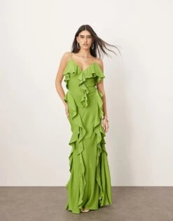ARRANGE Ruffle Maxi Slip Dress With Bias Skirt In Green For Women -ARANG Clothing Shop 207250356 1 green 1
