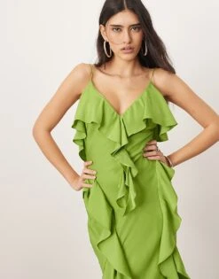 ARRANGE Ruffle Maxi Slip Dress With Bias Skirt In Green For Women -ARANG Clothing Shop 207250356 2