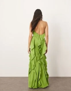 ARRANGE Ruffle Maxi Slip Dress With Bias Skirt In Green For Women -ARANG Clothing Shop 207250356 3