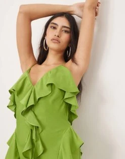 ARRANGE Ruffle Maxi Slip Dress With Bias Skirt In Green For Women -ARANG Clothing Shop 207250356 4