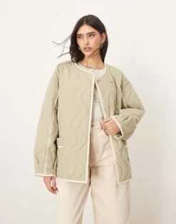 ARRANGE Quilted Oversized Jacket With Contrast Trim In Sage For Women