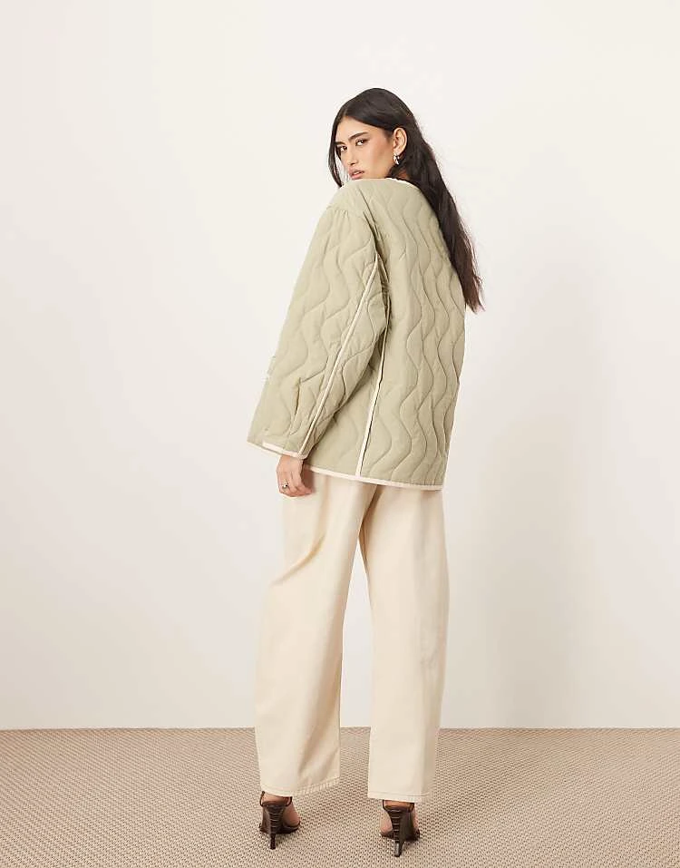 ARRANGE Quilted Oversized Jacket With Contrast Trim In Sage For Women 6 ARRANGE Quilted Oversized Jacket With Contrast Trim In Sage For Women - Image 4