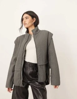 ARRANGE Quilted Layered Shacket With Tie Detail In Charcoal For Women -ARANG Clothing Shop 207317608 1 charcoal 1