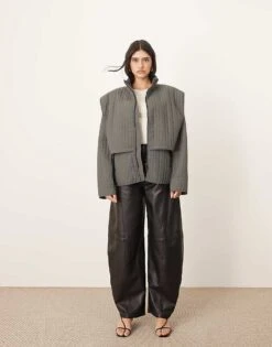 ARRANGE Quilted Layered Shacket With Tie Detail In Charcoal For Women -ARANG Clothing Shop 207317608 3