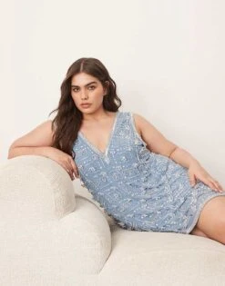 ARRANGE Curve Embellished Floral Crystal Encrusted A-line Mini Dress In Light Blue For Women -ARANG Clothing Shop 207317614 1 lightblue 1