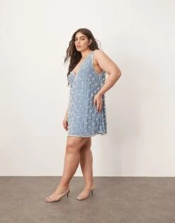 ARRANGE Curve Embellished Floral Crystal Encrusted A-line Mini Dress In Light Blue For Women -ARANG Clothing Shop 207317614 2