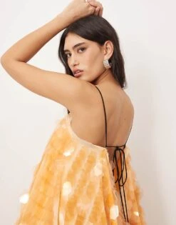 ARRANGE Embellished Shard Sequin Layered Cami Maxi Dress In Peach For Women -ARANG Clothing Shop 207317654 2