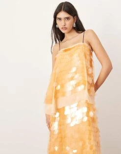 ARRANGE Embellished Shard Sequin Layered Cami Maxi Dress In Peach For Women -ARANG Clothing Shop 207317654 3