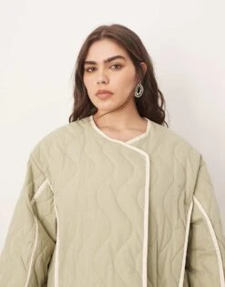 ARRANGE Curve Quilted Oversized Jacket With Contrast Trim In Sage For Women -ARANG Clothing Shop 207318252 3