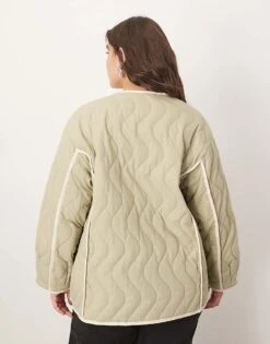 ARRANGE Curve Quilted Oversized Jacket With Contrast Trim In Sage For Women -ARANG Clothing Shop 207318252 4