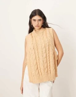 ARRANGE Cable Knit Sleeveless Jumper With Tie Detail In Apricot For Women -ARANG Clothing Shop 207319425 1 apricot 1