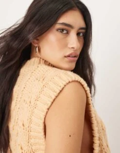 ARRANGE Cable Knit Sleeveless Jumper With Tie Detail In Apricot For Women -ARANG Clothing Shop 207319425 4