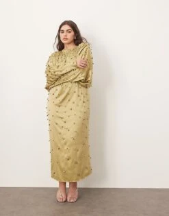 ARRANGE Curve Embellished Ball Bearing Open Back Maxi Dress In Green For Women -ARANG Clothing Shop 207359104 1 green 1