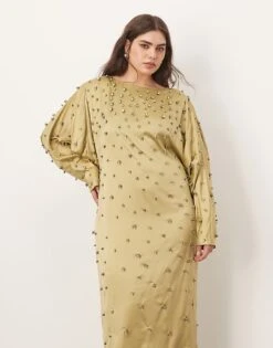 ARRANGE Curve Embellished Ball Bearing Open Back Maxi Dress In Green For Women -ARANG Clothing Shop 207359104 2