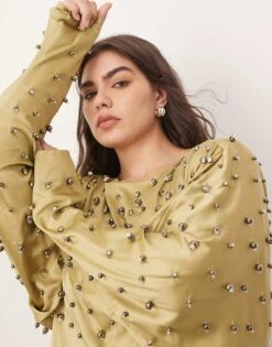 ARRANGE Curve Embellished Ball Bearing Open Back Maxi Dress In Green For Women -ARANG Clothing Shop 207359104 3