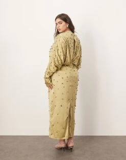 ARRANGE Curve Embellished Ball Bearing Open Back Maxi Dress In Green For Women -ARANG Clothing Shop 207359104 4