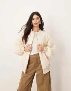 ARRANGE Textured Oversized Bomber Jacket In Cream For Women